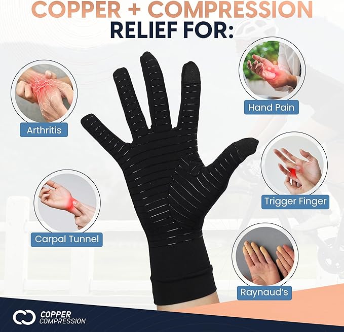 Copper Compression Full Finger Arthritis Gloves - Palm Grips - Touch Screen Fingertips - Compression Support for Carpal Tunnel, Pain Relief, Tendonitis - Fits Men & Women - 1 Pair - XL