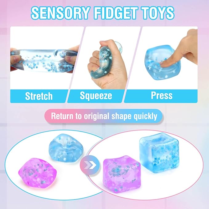 Fidget Toy for All Ages: 2 Pack Soft Sensory Fidget Ice Cube Stress Ball Squishy Cube Stress Relief Toys for Kids, Teens and Adults Party Favors, Birthday Gift for Kids Age 3+, Blue Purple
