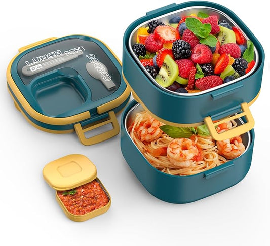 Double-Layer Bento Lunch Box for Kids & Adults with Removable Stainless Steel Dividers,Dressing Container,BPA-Free,Dishwasher Safe - Includes Utensil,(Blue,Non-Insulated)