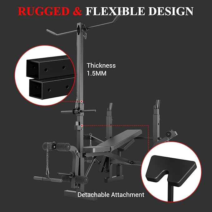 Weight Bench, Foldable Bench Press Set with Leg Extension, Adjustable Workout Bench with Rack & Preacher Curl Pad, Flat Incline Bench for Weight Lifting, Fitness Strength Training for Home Gym