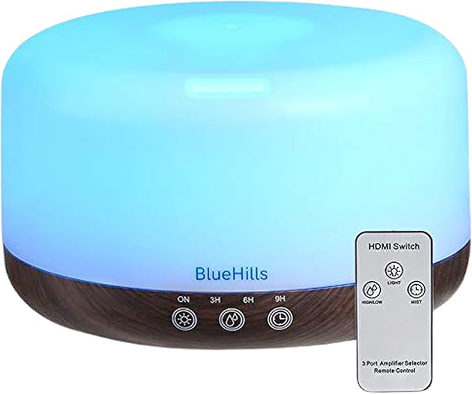 BlueHills Premium 1000 ML Large Essential Oil Diffuser Humidifier for Room Home Aromatherapy Big Capacity Oil Diffuser with Décor LED Lights Long Running Round Diffuser Dark Wood Grain – D002