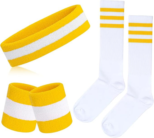 ONUPGO 5 Pieces Sweatbands Striped Socks Set Sports Headband Wristbands High Tube Socks 80s Accessories Costumes
