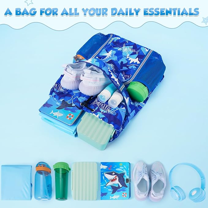 WAWSAM Kids Gym Drawstring Backpack String Bag, Shark Sports Gym Bag for Kids Boys Waterproof Swimming Beach String Cinch Backpack with Two Water Bottle Pocket