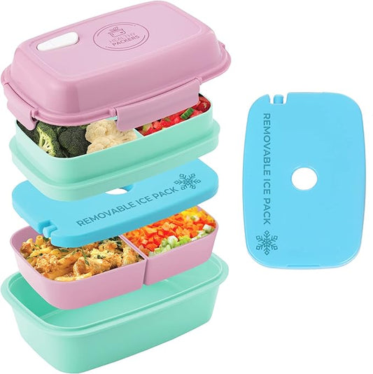 Ultimate Bento Box - Lunch Box for Kids & Adults with Removable Ice Pack - Leakproof, Multi-Compartment Food Container with Removable Containers - Microwave & Dishwasher Safe (Pink, Green, Pink)