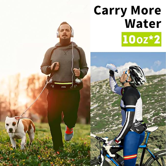 PYFK Running Belt with Water Bottles, Hydration Belt for Men and Women, Water Bottle Holder Running Pouch Water Belt, Fanny Pack Fits 7 inches Phones, Waist pack for Runner Jogging