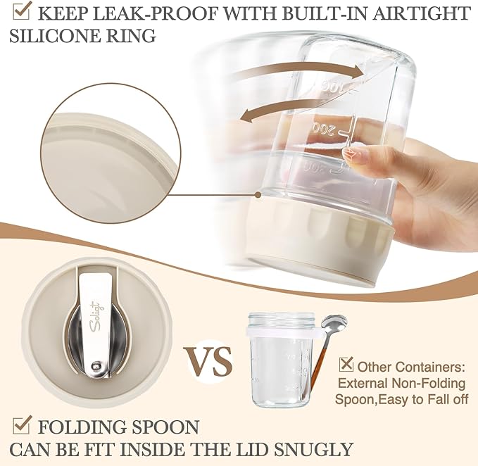SOLIGT Overnight Oats Containers with Lids, Folding Spoons and Divided Compartment for Fruit & Nuts, Small Glass 16oz Mason Jars for Oatmeal Yogurt Parfait (2 Set-Smoke Gray/Oat White)