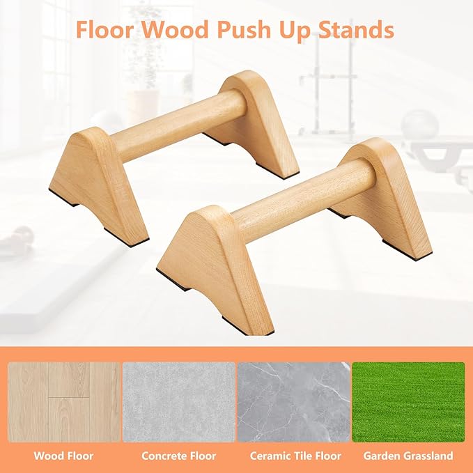 Wooden Push Up Bar Non-Slip Handstands for Floor Workout, Calisthenics Parallettes Bars, Strength Training Pushup Handles for Home Fitness, Gymnastics, Calistenia