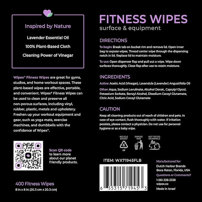 Wipex Gym Wipes Bundle - Get 2 Buckets (1) Lavender Plant-Based Fitness Equipment Wipes & (1) Sanitizing BZK for Skin, Great for Gyms, Yoga Studios, Home, Fitness Centers, 400 Ct (Pack of 2)