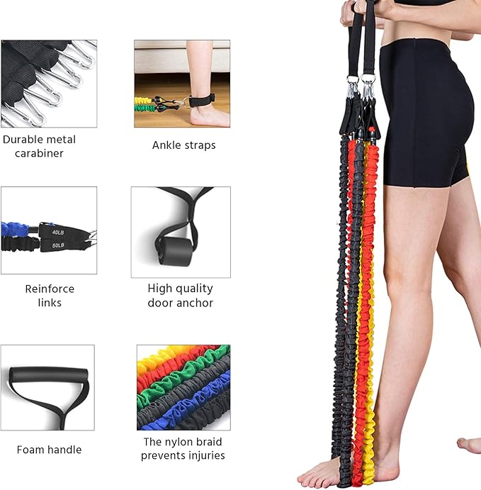 EILISON Resistance Band Kit with Heavy Duty Protective Sleeves for Safe Workout and Soft Anti-Slip Foam Handle, Door Anchor, Ankle Strap for Men and Women Stackable