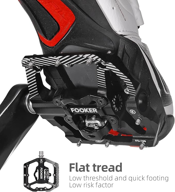 FOOKER MTB Mountain Bike Pedals 3 Bearing Flat Platform Compatible with Dual Function Sealed Clipless Aluminum 9/16" Pedals with Cleats for Road