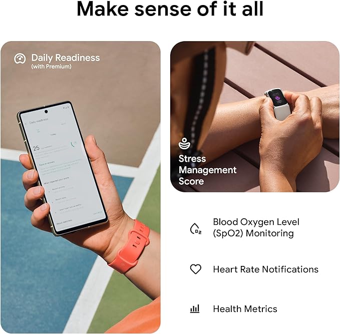 Fitbit Charge 6 Fitness Tracker with Google apps, Heart Rate on Exercise Equipment, 6-Months Premium Membership Included, GPS, Health Tools and More, Gold/Coral, One Size (S & L Bands Included)