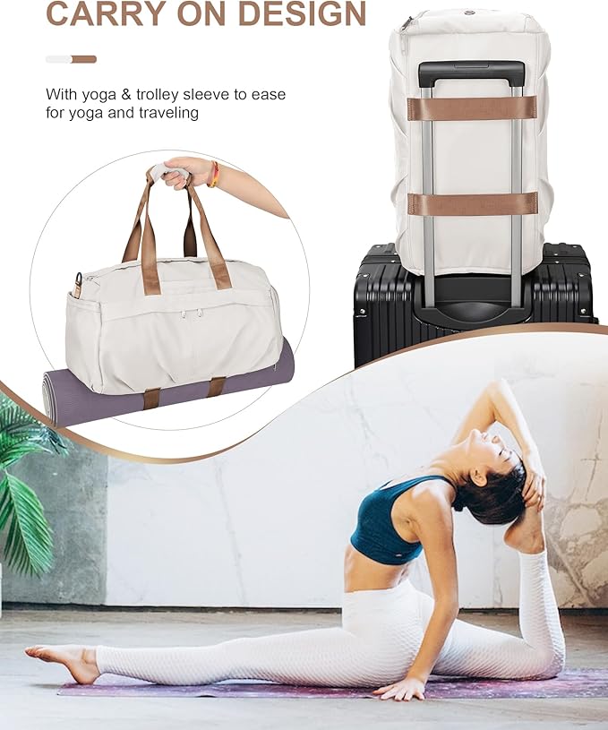 Gym Bag for Women Men with Shoe Compartment, Sport Duffel Bag, Waterproof Travel Weekender Overnight Carry on Bag for Yoga with Trolley Sleeve, Beige Brown