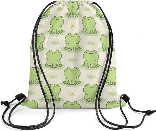 Frog Drawstring Backpack - Cute Cinch Sack, String Backpacks with Pocket for Kids Women Men Boys Girls for Gym Outdoor Sports Travel Athletic Drawstring Bag - Lightweight/Foldable