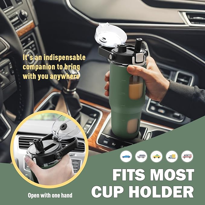 BLUEGO 32oz Glass Water Bottles with Straw Time Marker Half Gallon Large Motivational Water Bottle with Silicone Sleeve 2 Liter Large Glass Water Jug for Gym, Sports& Workout, Daily, Olive