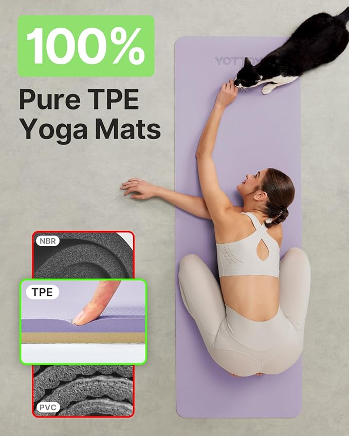 Yoga Mat,Non-Slip TPE Exercise Mat(1/4 Inch) for Pilates, Fitness & Barefoot Workouts, Home Gym Studio with Strap & Bag