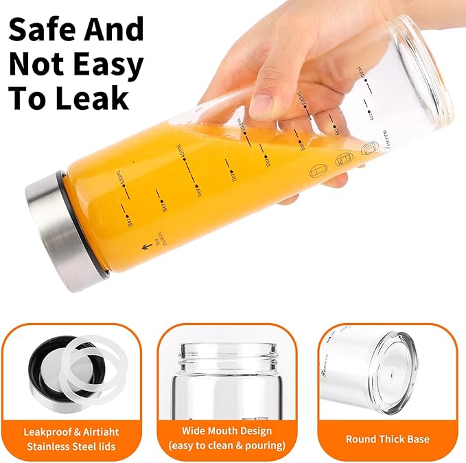 Glass Juice Bottles 4 Pack 16 oz - Wide Mouth Glass Water Bottles with Lids - for Juicing, Protein, Smoothie, Milk, Reusable, BPA Free, Stainless Steel Lids, Blender, Shaker Bottle [16oz/500ml]