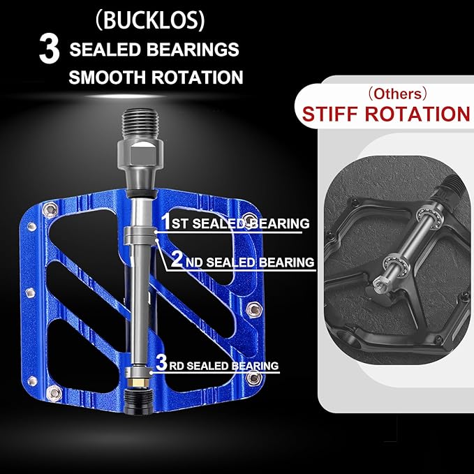 BUCKLOS MTB Flat Pedals Mountain Bike Pedals, 3 Bearings CNC Adult Road Bike Pedals, Bicycle Platform Aluminum Alloy Non-Slip Pedal for Gravel Bike/BMX 9/16"(Black)