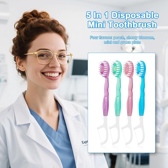 5 in 1 Toothbrush & Floss, 26Pcs mini toothbrushes with Toothpaste, All in one Oral Care on The go, 5 in 1 mini Brush, Toothpaste and Floss, Disposable Travel Toothbrush Set (3)