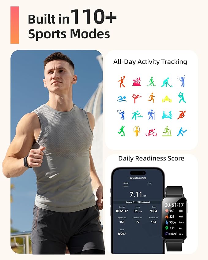 Parsonver 5ATM Waterproof Fitness Tracker, Swimming Smart Watch with Step Counter, Stopwatch, Pedometer, 24/7 Heart Rate/Blood Oxygen/Sleep Monitor, 110+ Sports Mdoes, Smartwatch for Men Women, Black