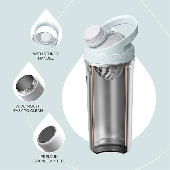 Ideus Protein Shaker Bottle 24oz(710ml) Insulated Stainless Steel Shaker Bottle with Silent Tritan Ball Portable Pre Workout Shaker Cups for Protein Shakes, Smoothies, Cocktails, White