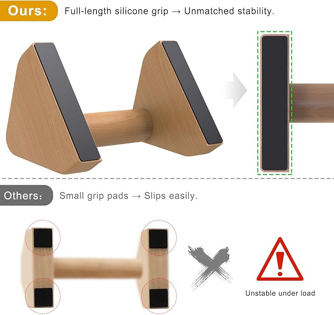 Kipika All-Wood Push Up Bars - 4" Beech Wood Push-up Handles for Floor, Non-Slip Rubber Base, Triangular Pushup Stands, Home Gym Fitness Equipment Perfect for Dips, L-Sit, Strength Training