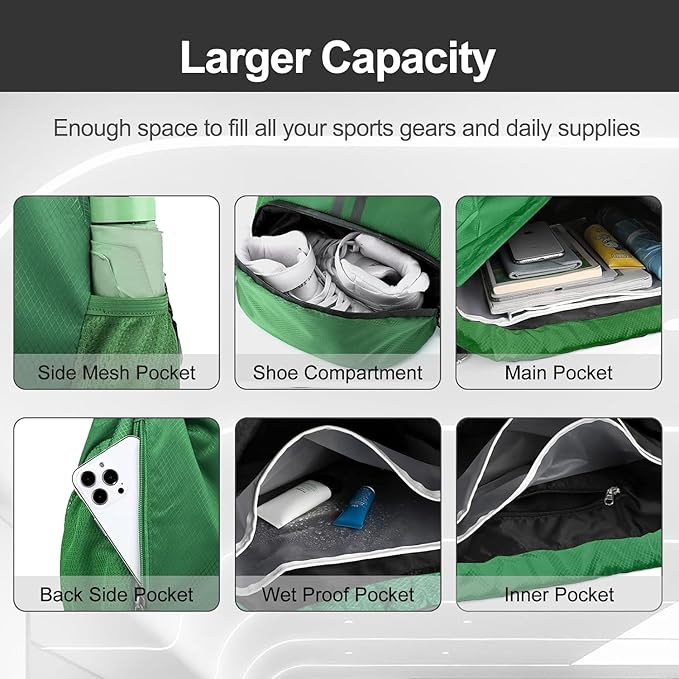 Hoedia Sports Drawstring Backpack - String Swim Gym Bag with Shoes Compartment and Wet Proof Pocket for Women and Men, Dark Green