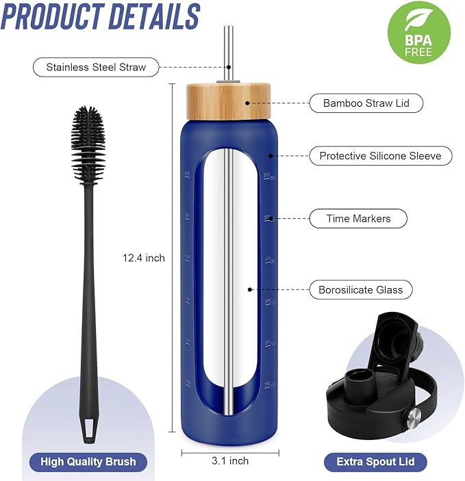 32 oz Glass Water Bottles - 1 Liter Motivational Tumbler Water Bottle Time Marker - Borosilicate Glass Water Bottle With Silicone Sleeve and 2 Lids, Handle Spout & Bamboo Straw Lid