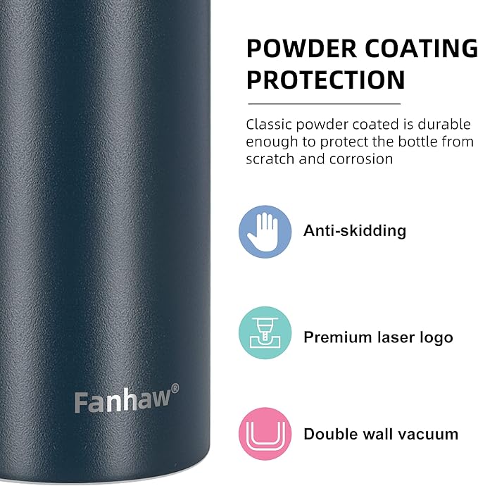 Fanhaw 24 Oz Stainless Steel Insulated Sports Water Bottles with Straw for Kids, Men and Women (Navy Blue)
