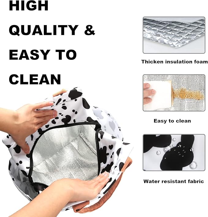 Joymee Lunch Bag Women Insulated Lunch Box Reusable Leakproof Large Spacious Cooler Tote for Womens Mens Adults with Bottle Holder and Side Pockets for Work Office Travel Picnic - Cow