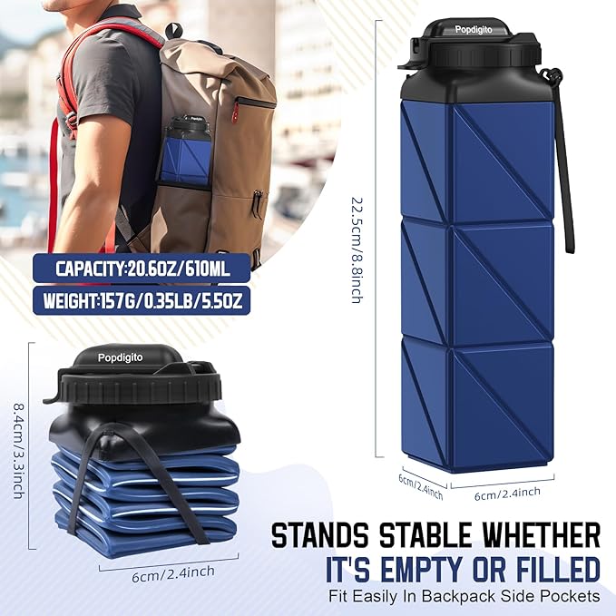 2pcs Collapsible Water Bottles 20.6oz Foldable Water Bottle BPA Free Reusable Lightweight LeakProof Travel Silicone Water Bottles for Travel Gym Hiking Camping Cycling Yoga Sports Outdoor