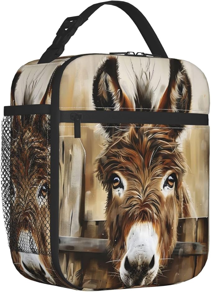 Cute Donkey Lunch Box for Women Girls Kids, Insulated Cooler Rustic Farm Donkeys Lunch Bag for School, Picnic, Office, Work, Travel, Portable Polyester Thermal Reusable Tote Lunch Bags