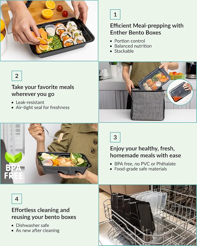 Enther [20 Pack] Single 1 Compartment Meal Prep Containers with Lids, Food Storage Bento Box with Portion Cups, BPA Free, Reusable Lunch Box, Microwave/Dishwasher/Freezer Safe, Portion Control, 28oz