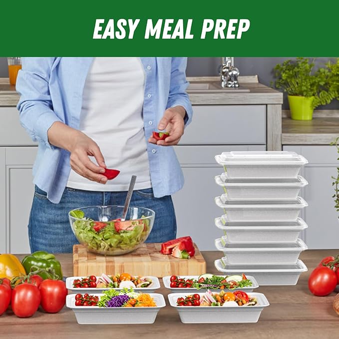 50 Pack (100-Piece) 32 oz Meal Prep Containers Reusable with Easy Open Lids, Sturdy Leakproof Food Safe, Microwave Freezer Dishwasher Safe, To Go Take Out Plastic Food Storage Pans with Lids, Silver