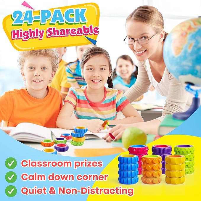 Fidget Toys Kids Sensory Rings: 24 Pack Texture Finger Spinner - Calming Sensory Toys for Autism Stress Relief - Quiet Fidgets for Classroom Students Prizes