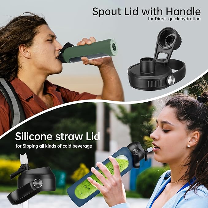 32 oz Glass Water Bottles with 2 Lids-Handle Spout Lid & Straw Lid 1 Liter Motivational Borosilicate Water Bottle with Silicone Sleeve and Time Marker,Leakproof