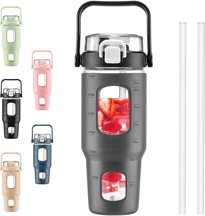 BLUEGO 32oz Glass Water Bottles with Straw Time Marker Half Gallon Large Motivational Water Bottle with Silicone Sleeve 2 Liter Large Glass Water Jug for Gym, Sports& Workout, Daily, Dark Grey