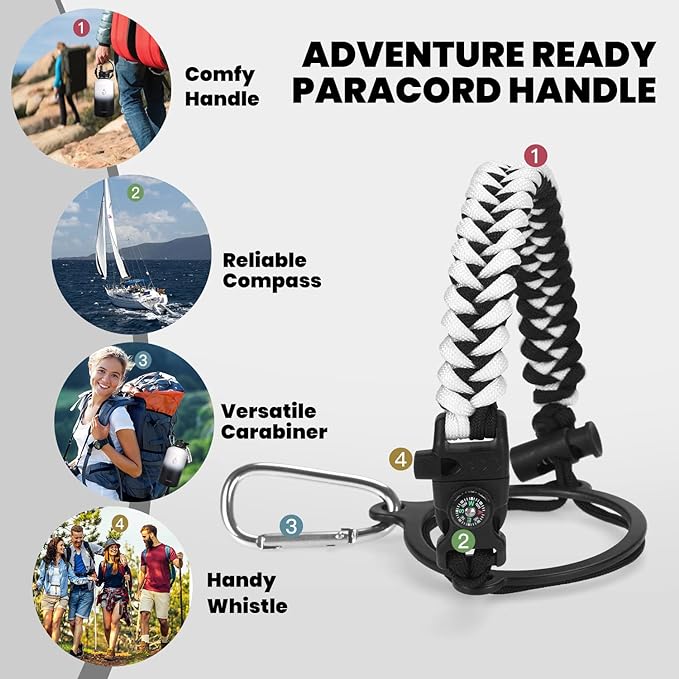 Insulated Water Bottle 64 oz, Triple Wall Vacuum Stainless Steel (Cold for 48 Hrs), Leak Proof & Non-BPA, Half Gallon Water Flask Jug with Paracord Handle & Straw Spout Lids, White/Black