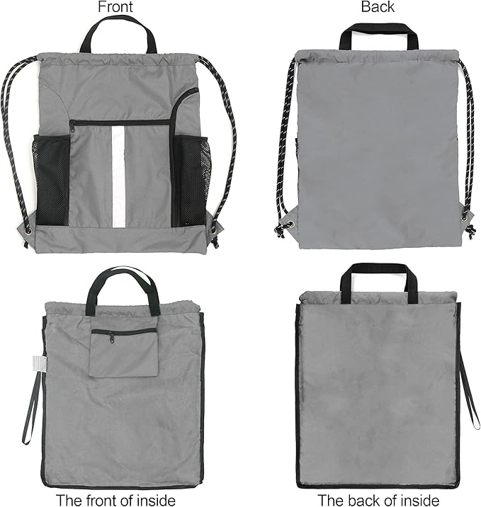 BeeGreen Grey Drawstring Bag Pack Gym Sackpack w Shoe Compartment Two Water Bottle Holder Portable String Sinch Sack for Gymnastic Athletic Beach Travel