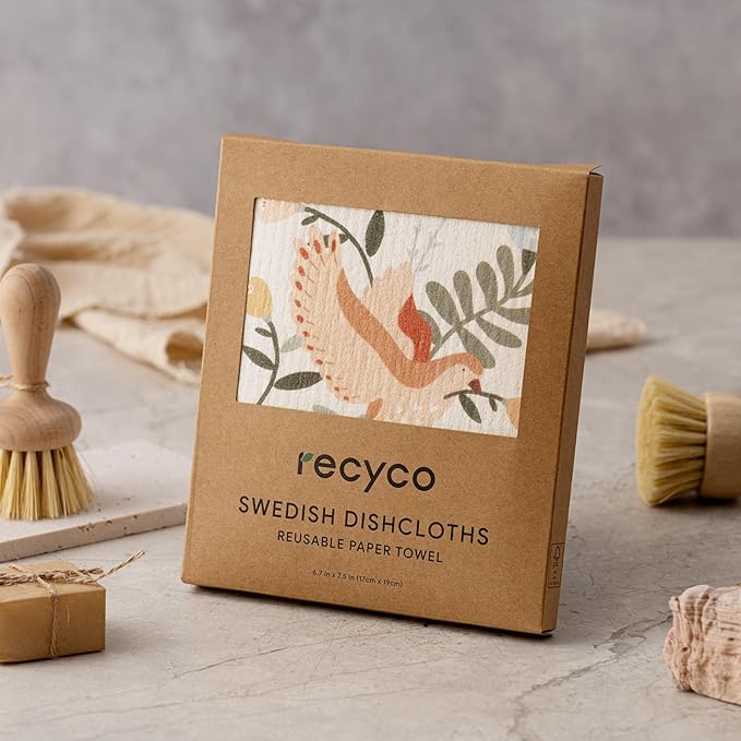 RECYCO Swedish Dishcloths for Kitchen | 6 Pack Birdsong and Blooms Washable Dish Rags | Cellulose Reusable Cleaning Paper Towels | Absorbent Counter Dish Cloth Sponge Kitchen Wipes, 8" L x 7" W