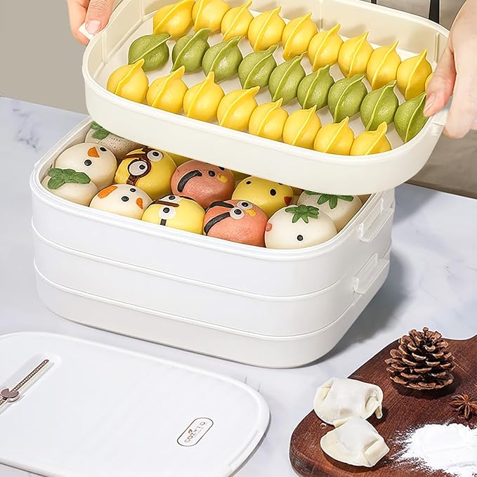 4-Layer Dumpling Storage Container – Freezer Organizer with Smart Timer, Good Sealing, Stackable Food Containers, Anti-Stick Base & Clip Lid (White Lid & White Box)