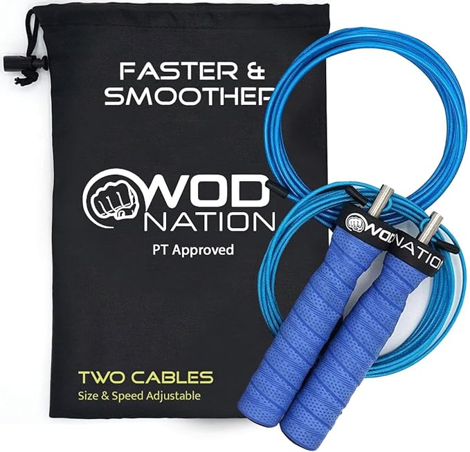 WOD Nation Attack Speed Jump Rope : Adjustable Jumping Ropes : Unique Two Cable Skipping Workout System : One Thick and One Light 11 Foot Cable : Perfect for Double Unders : Men and Women