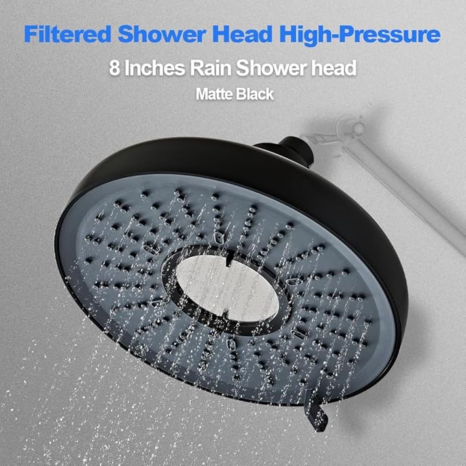 Filtered Shower Head Black - 8 Inches High Pressure Fixed Rain Showerhead with 18-Stage Filter for Hard Water Softener - Reduces Chlorine and Heavy Metals
