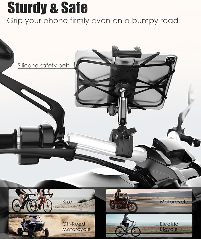 Bike Tablet Phone Holder with Silicone Security Band, Metal Arm 360° Rotation Tablet Handlebar Mount for Stationary Bicycle, Treadmill Fits iPad Pro/Air/Mini, Smartphones, 4-13'' Devices