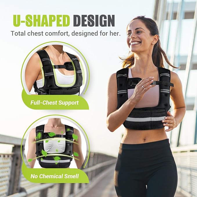 Adjustable Weighted Vest for Women,6-12lb U-Shaped Weight Vest with 6 Iron Sand Bags,Rucking Vest with Extended Shoulder Pads & Plus Pockets for Running, Walking and Strength Training