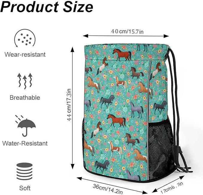 Horse Flower Drawstring Backpack Gym Bag With Shoe Compartment String Bag Sport Beach Swimming Sackpack For Women Men