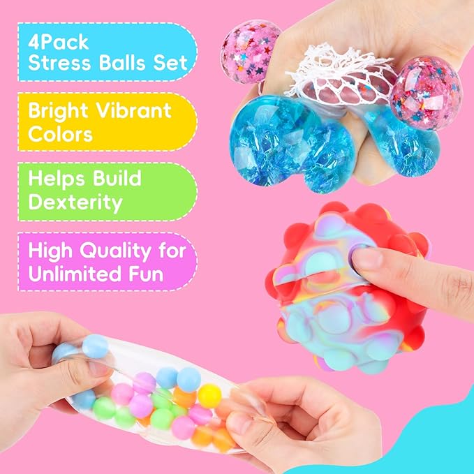 Stress Balls 4 Pack for Adults and Kids, Squeeze Toys, Sensory Toys for Kids with Autism, Squishy Fidget Toys for Stress and Anxiety Relief, Prize for Classroom