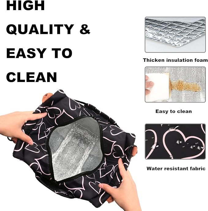 Joymee Lunch Bag Women Insulated Lunch Box with Adjustable Shoulder Strap Large Reusable Leakproof Spacious Cooler Tote for Women Men Adult with Bottle Holder and Side Pockets - Love Heart