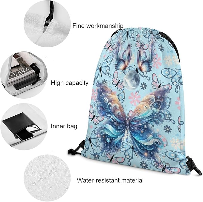 Butterfly Drawstring Backpack - Cute Cinch Sack, String Backpack for Kids Boys Girls Women Men for Gym Outdoor Sports Travel Athletic Drawstring Bag - Lightweight/Foldable