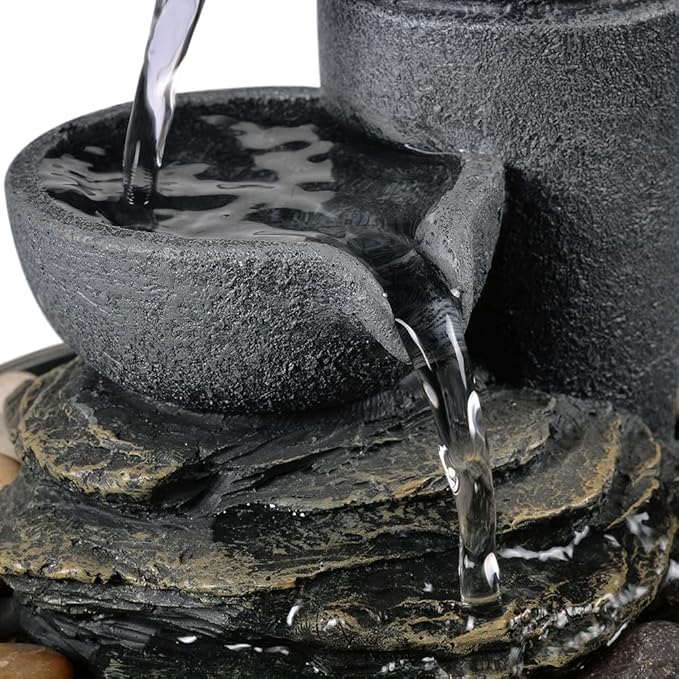 GOSSI Tabletop Fountain Indoor Fountain 2-Tiered Water Meditation Decorative Waterfall w/LED/Cobblestone/Glass Rolling Ball Soothing Sounds for Office and Home