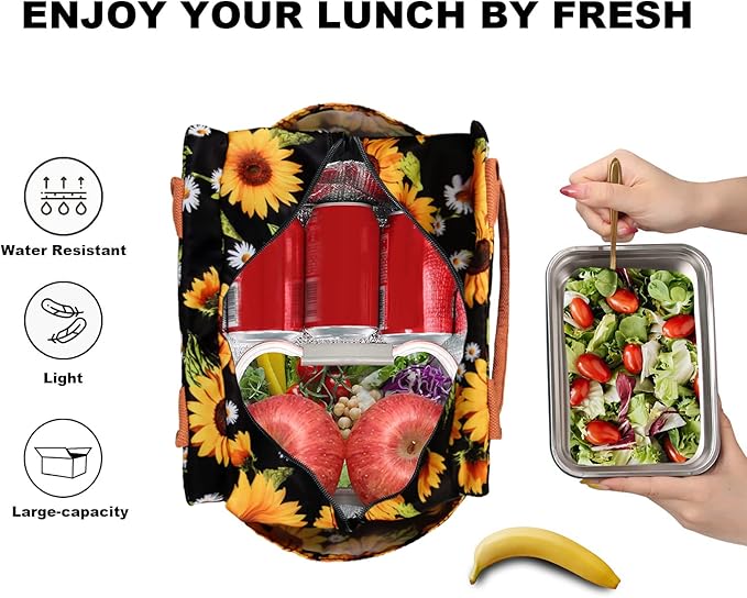 Joymee Lunch Bag Women Insulated Lunch Box Reusable Leakproof Large Spacious Cooler Tote for Womens Mens Adults with Bottle Holder and Side Pockets for Work Office Travel Picnic - Sunflower